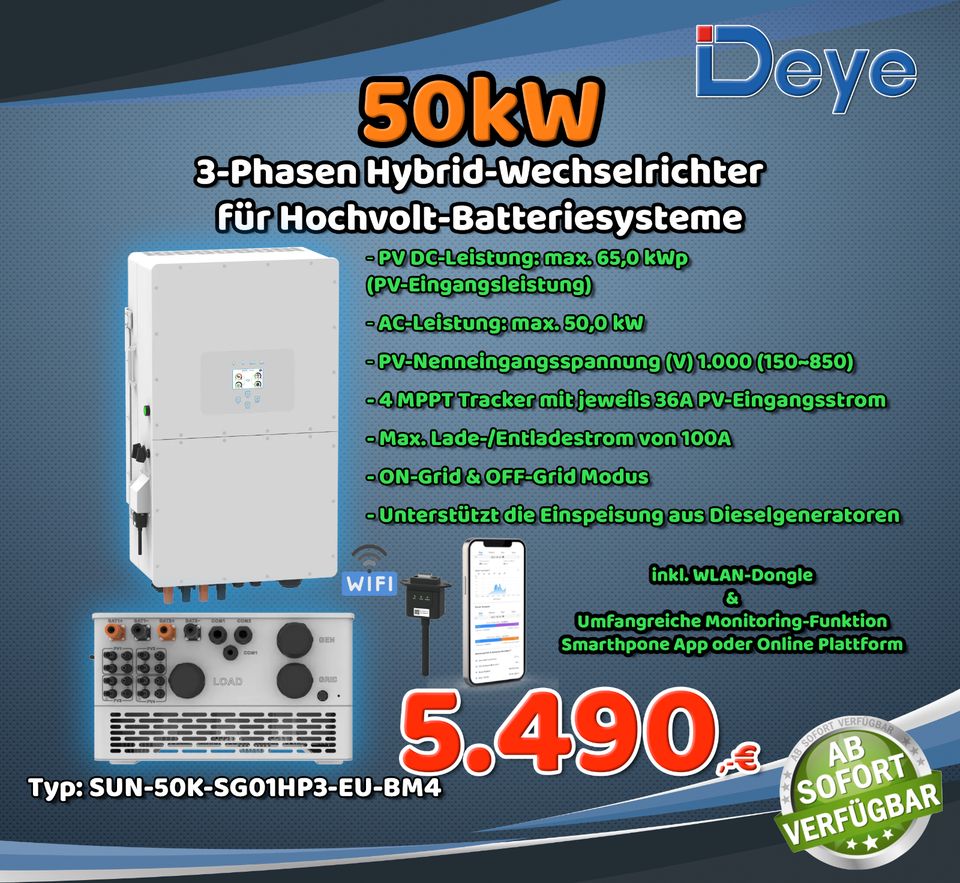 DEYE Solar 50kW Hybrid-Wechselrichter für Hochvolt-Batterie Notstromfähig TYP: SUN-50K-SG01HP3-EU-BM4 in Seesen