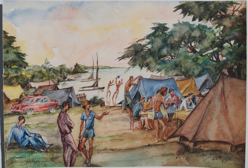 Aquarell Bild am See, Camping 1966 in Dresden