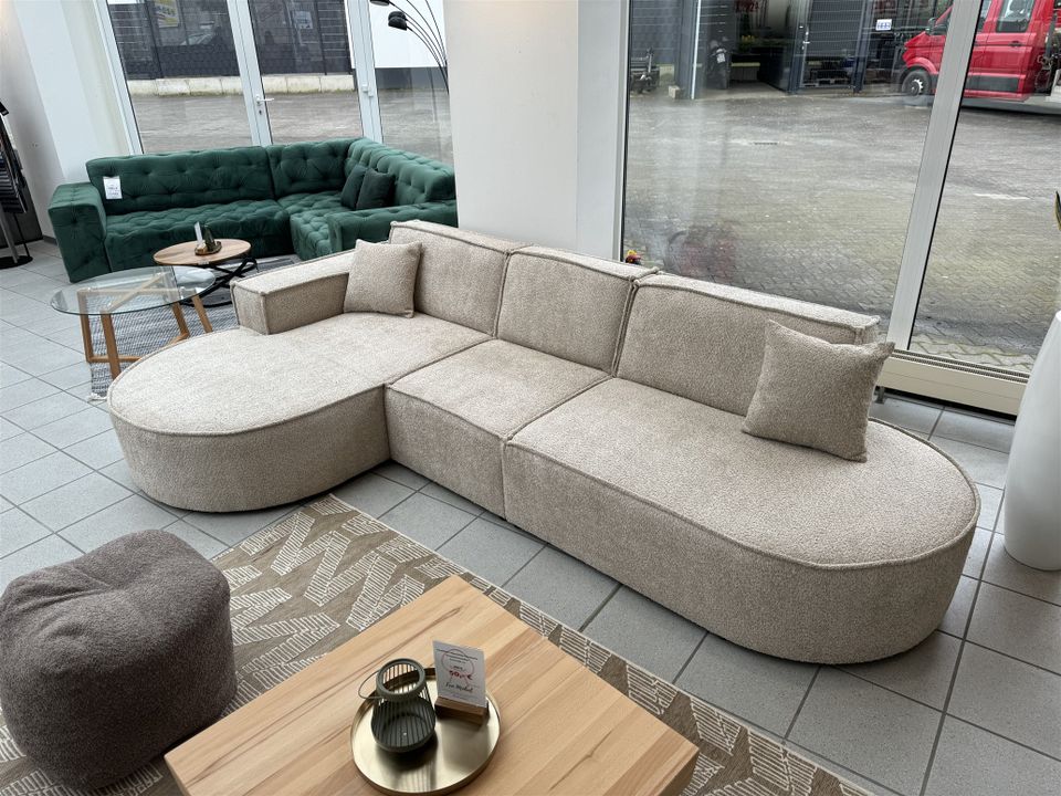 Ecksofa Designersofa PALMA in Stoff Ascot Beige Ottomane Links in Lage