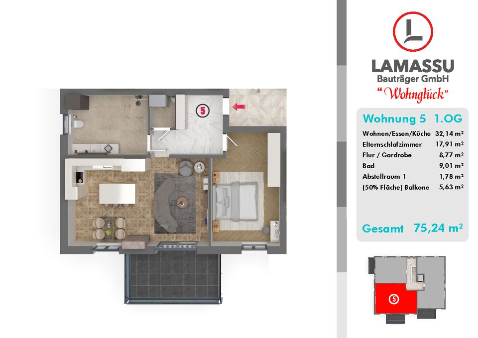 WE 05, Projekt Wohnglück mit 10 Wohneinheiten: 3-Zimmer-Wohnung mit offenem Grundriss und Balkon in Castrop-Rauxel