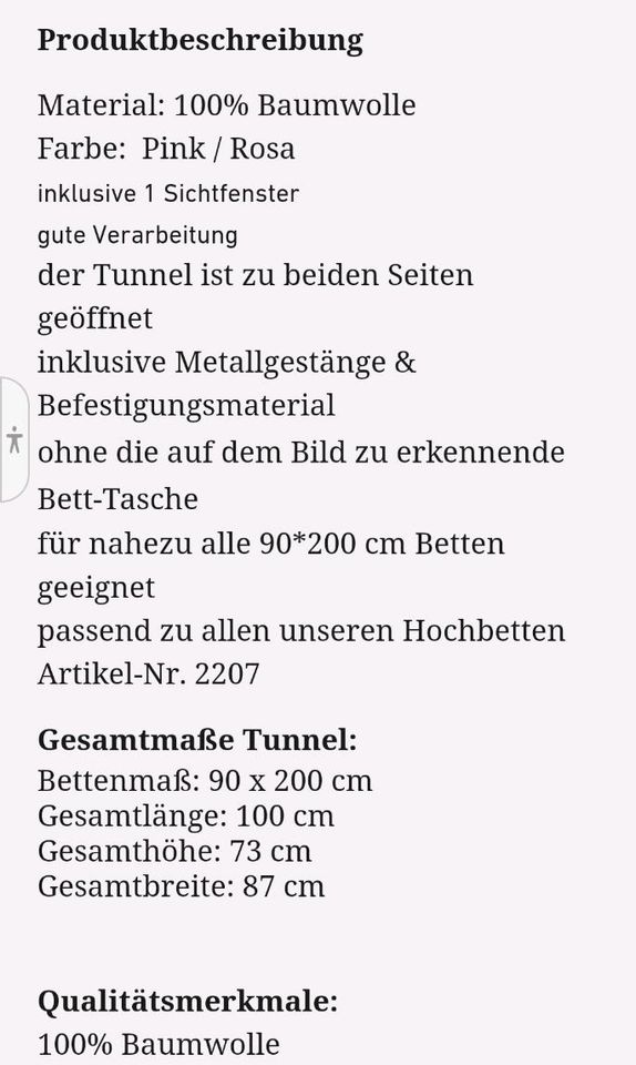 Tunnel für Kinderbett Zelt Baumwolle Prinzessin Hochbett Mädchen in Bergholz