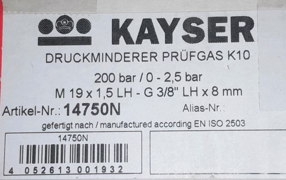 Druckminderer Prüfgas KAYSER 14750N 200 bar / 0-2,5 bar NEU in Dahlum