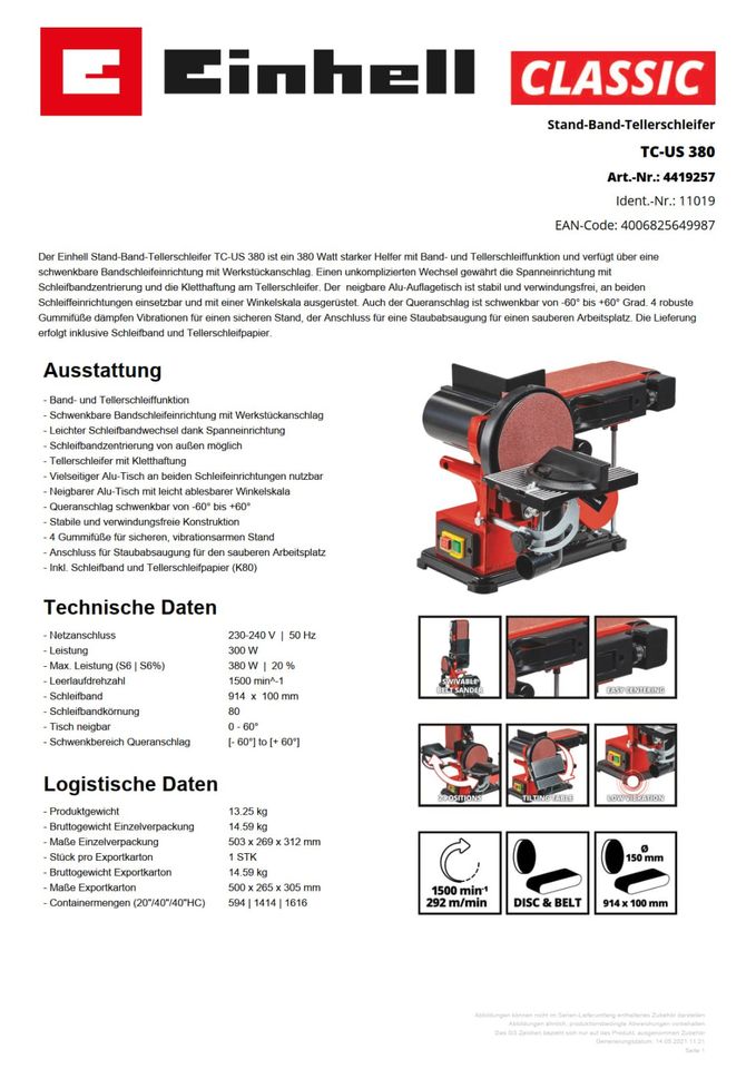 Einhell Stand-Band-Tellerschleifer TC-US 380 inkl. Schleifmittel in  Nordrhein-Westfalen - Korschenbroich | eBay Kleinanzeigen ist jetzt  Kleinanzeigen | Doppelschleifer