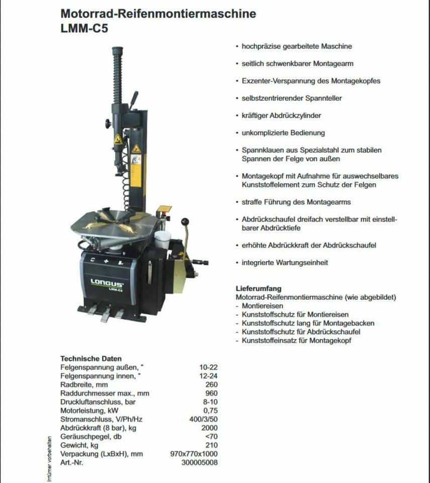 Reifenmontiermaschine Longus LMM-C5 in Köln