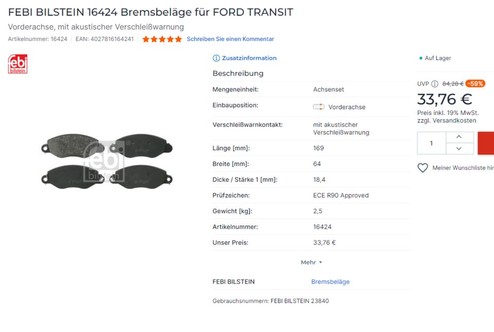 FEBI BILSTEIN 16424 Bremsbeläge FORD TRANSIT 1465168 Vorderachse in Neuhof