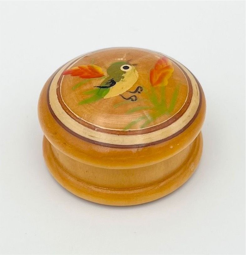 Vintage Pillendose Holz Schmuckbox Vogel Fink Blume Schatulle RAR in Schwerin