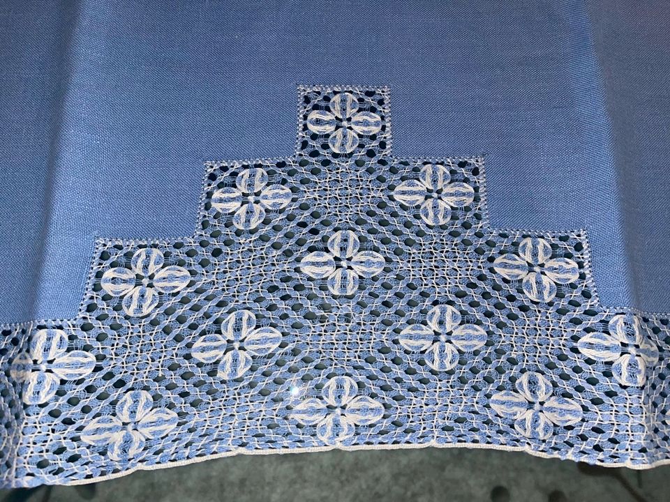 Tischdecke Deckchen blau weiß Häkeleinsatz Leinen 80x80cm Neuw. in Essen