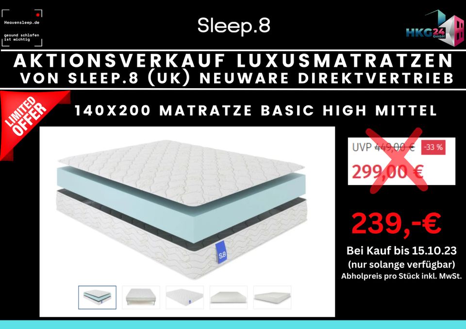 Luxus Matratze von Sleep.8 zum Aktionspreis Neuware Maß 200x140 in Großbeeren