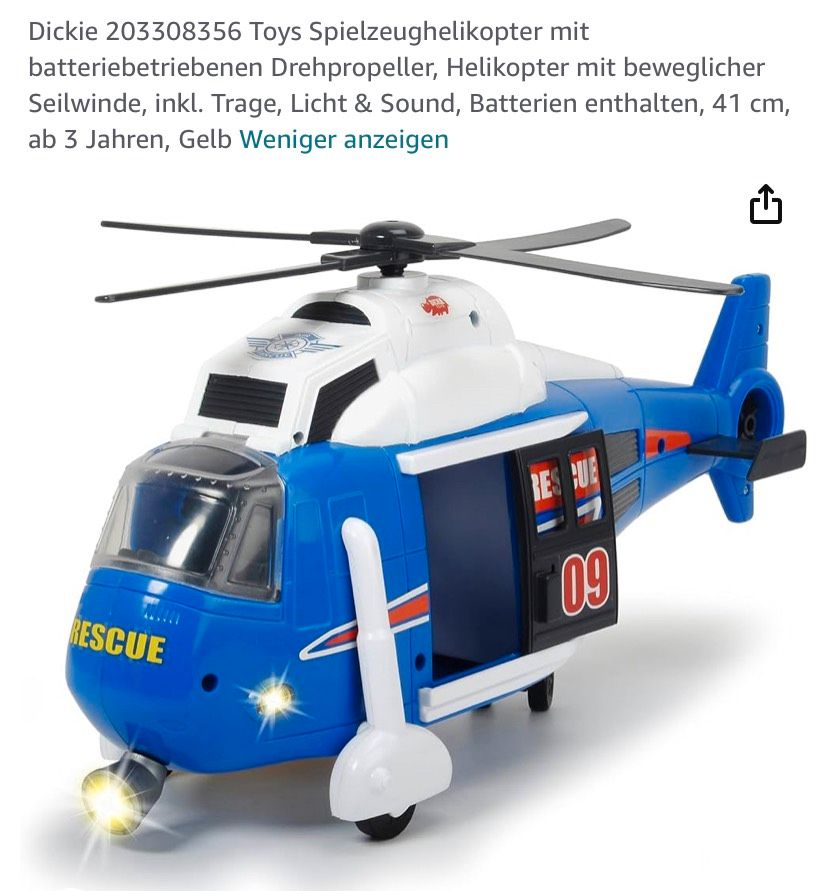 Kinder❣️Hubschrauber Helikopter Dickie Toys Sound Licht 41 cm in Stralsund