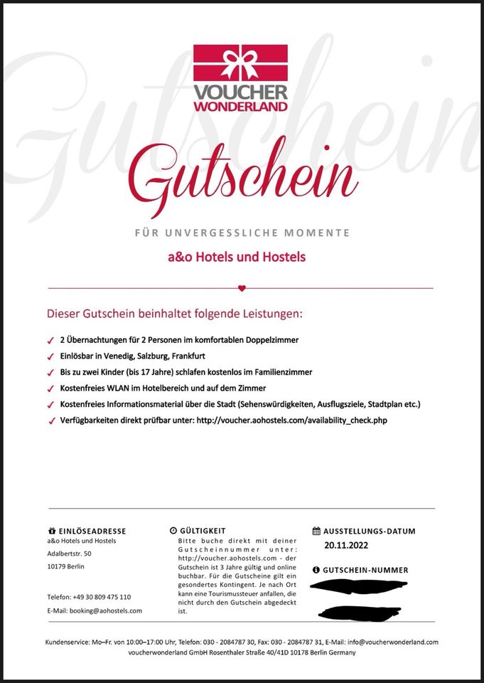 2 Nächte A&O Hotels Gutschein Venedig, Salzburg und Frankfurt in Herdecke