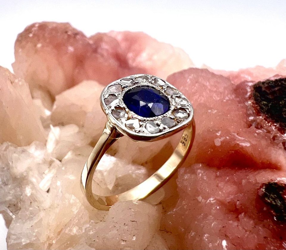 ArtDećo HISTORIC Antik Saphir Ring mit Rosen-Diamanten 585.Gold in Essen