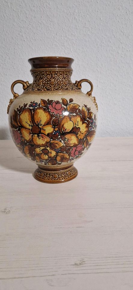 Vintage handbemalte Keramik glasiert braun geprägt BLUMEN Doppelg in Geseke