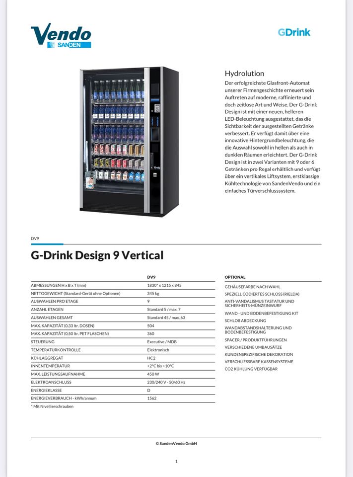 ➡️SOFORT LIEFERBAR⬅️ ▶️*NEU* ▶️ Sanden Vendo G-Drink DV9, Getränkeautomat, Automat, Verpflegungsautomat, Drink, Vendo, Energie-Drink in Eichenzell