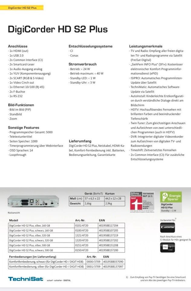 TechniSat DigiCorder HD S2 Plus, schwarz 320 incl. Fernbedienung in Aschaffenburg