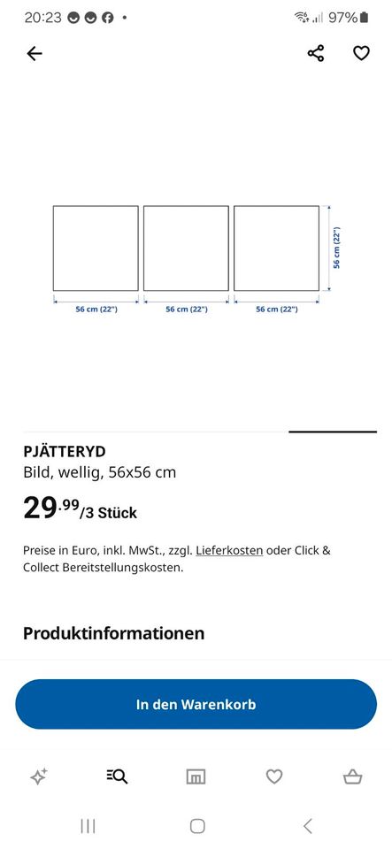 Ikea Pjätteryd Bild Leinwand 3-Set 56x56 cm - WIE NEU in Wetter (Ruhr)