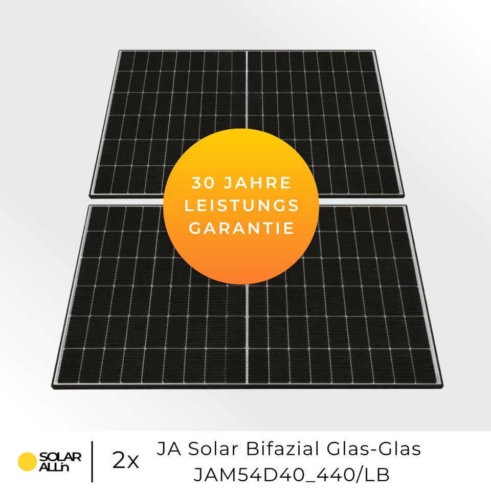 SOLAR ALLin 880Wp/800W Balkonkraftwerk, Bifaziale Glas-Glas Module JA Solar, Steckerfertig konfiguriert, WIFI, Deye in Würselen