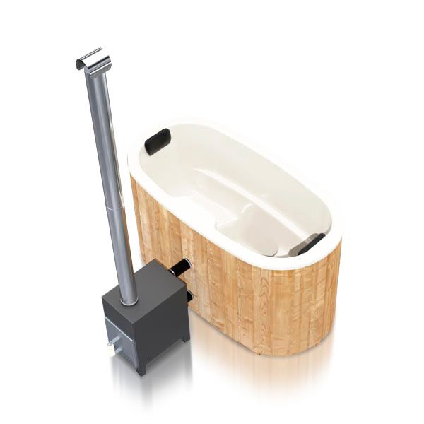 wellmia® Badefass oval - für 2 Personen - inkl. GFK Einsatz und Holz Außenofen Badezuber Whirlpool NEU holzbeheizt Jacuzzi Pool Holz Fichte Thermoholz Hot Tub Hottub Hot Tube Bade Fass in Steinhagen