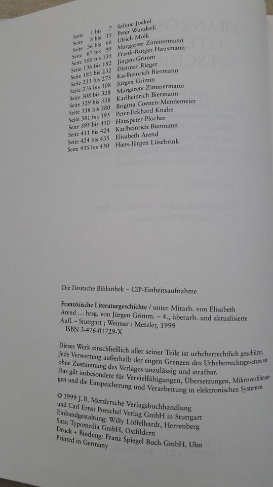 „Französische Literaturgeschichte“ von Jürgen Grimm (Hrsg.) in Sulzbach (Saar)