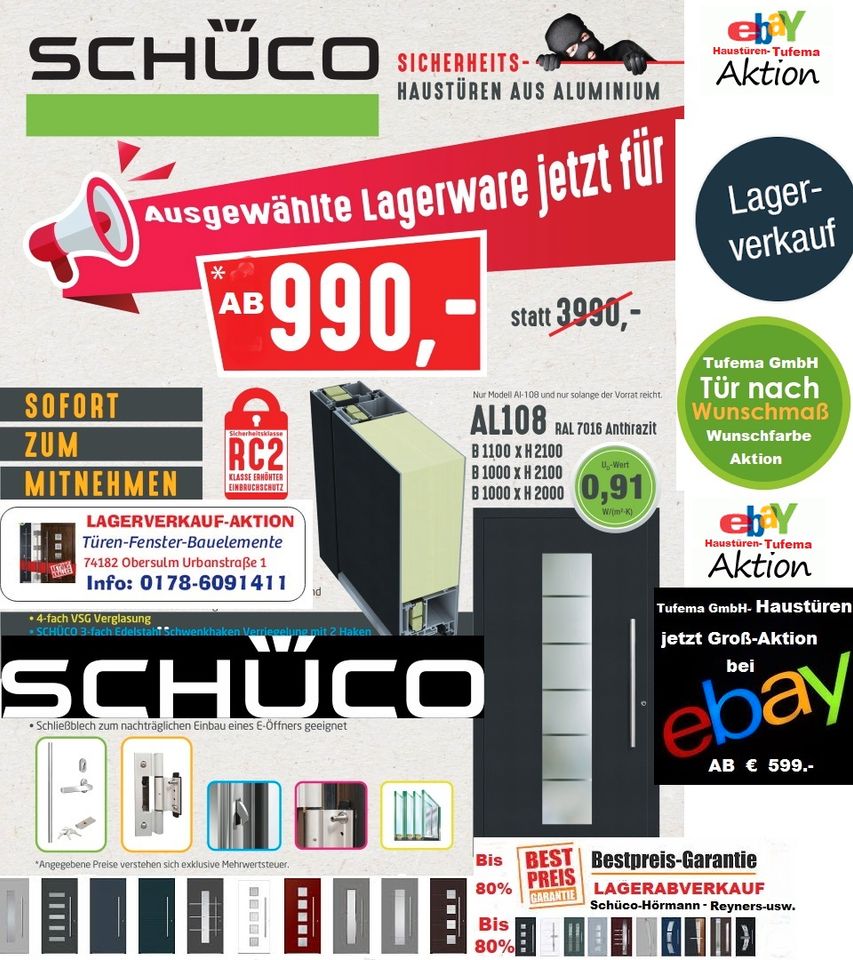 HAUSTÜREN=ALU-SCHÜCO-REYNERS=Verschiedene Modelle  A6-AKTION=SAMSTAG=25.MAI=HAUSTÜR-AKTION-SCHÜCO--LAGER-SONDERABVERKAUF=HAUSTÜREN-ALU-1 A Qualität mit Garantie sofort Verfügbar=Versch.>HET ab 749.- in Obersulm