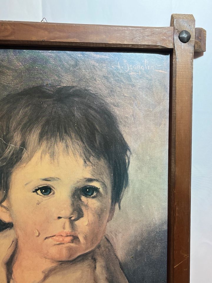 RIESIG Antikes Gemälde Bild Giovanni Bragolin Weinender Junge in Sankt Augustin