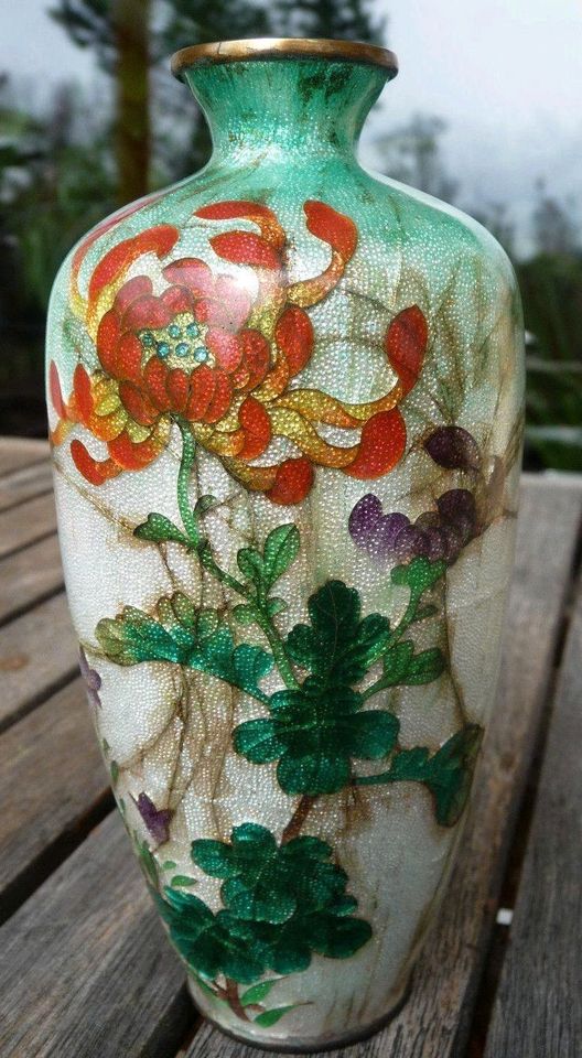 Antike japanische Ginbari Vase Guilloche Emaille Cloisonné Meiji in Bad Schönborn