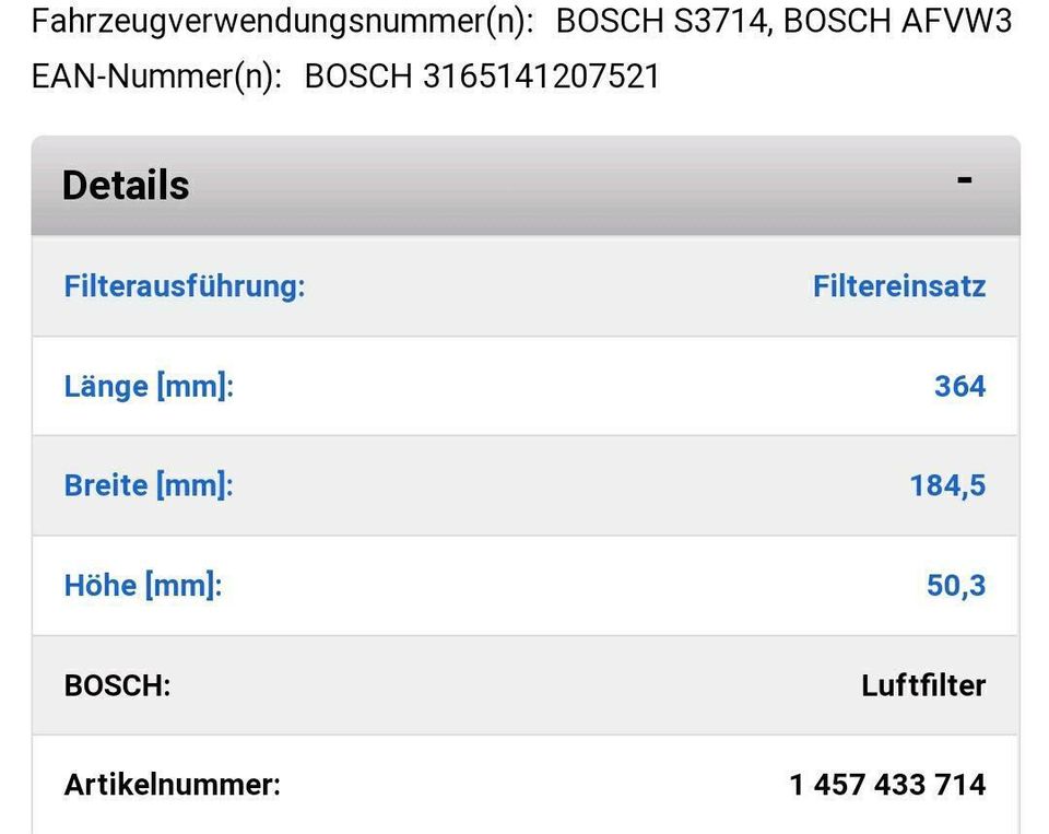 Luftfilter S 3714 von Bosch VW, Seat, Skoda, Audi in Köthen (Anhalt)