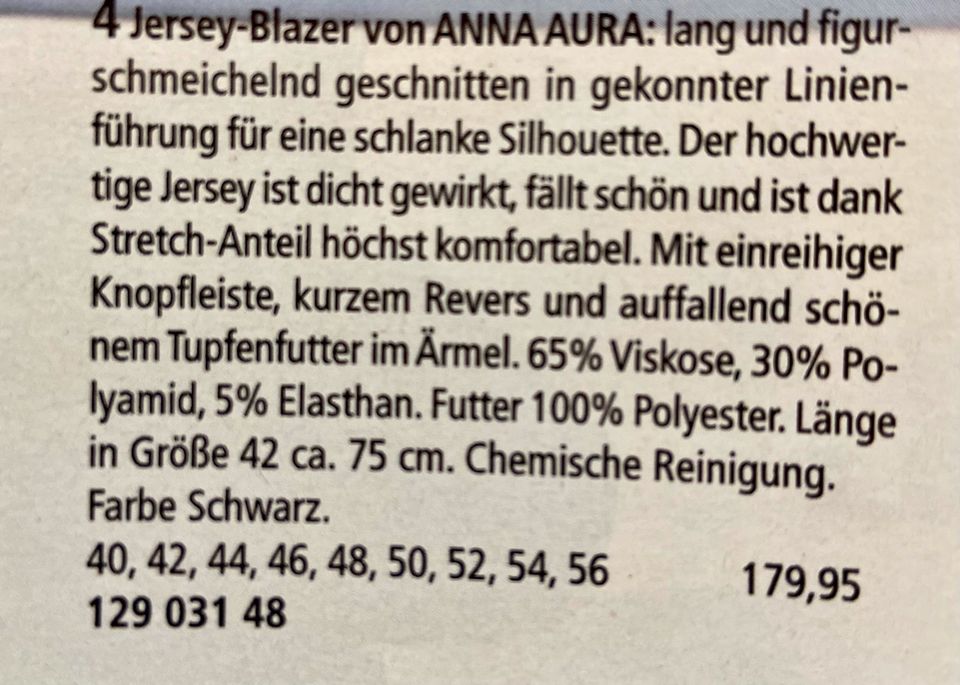 Blazer von ANNA AURA schwarz Gr. 52 NEU in Borgholzhausen