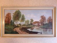 ☉ Bild 89 cm Gemälde Landschaft Fluss See Wald Haus Baum Rahmen ☉ Niedersachsen - Lunestedt Vorschau
