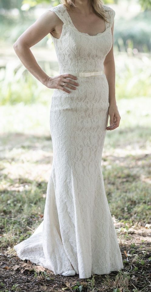 Brautkleid Meerjungfrau Spitze Boho XS Elfenbein Ivory in Oestrich-Winkel