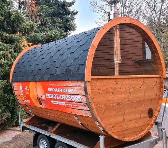 Sofort startklar & fertig montiert Fasssauna mit Holzofen Saunafass Garten Sauna Harvia Saunatonne Haus Fassauna Badezuber Hot Tub Kamin Badefass Brennholz Feuertonne Tiny House Fass Gartenhaus mobile in Erfurt