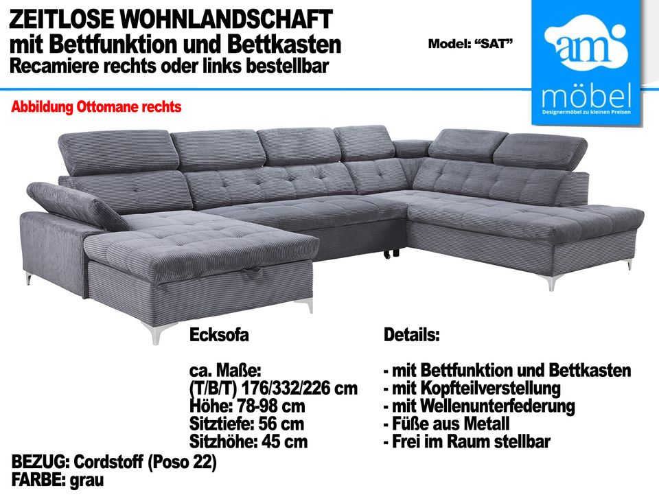 Sofa Couch Wohnlandschaft U Form Bettfunktion-Bettkasten grau in Bremen
