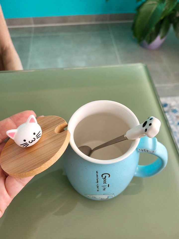 Katzen Geschenk Keramik Teetasse mit Löffel in Wittmar