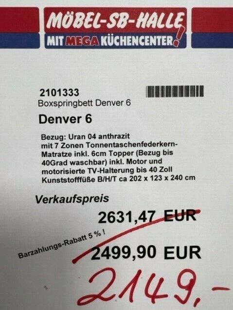 Boxspringbett Denver 6, Bett statt 2631,-€* in Hof (Saale)