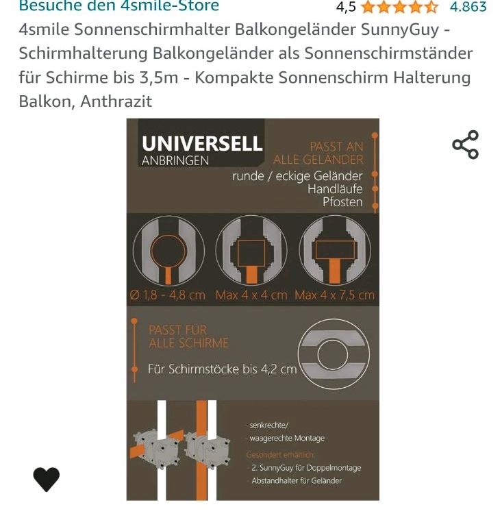 Schirmhalter Balkongeländer Schirmbefestigung Sonnenschirm in Nürnberg (Mittelfr)