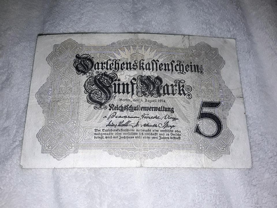 Alter Geldschein  5 Mark 1914 in Schneeberg