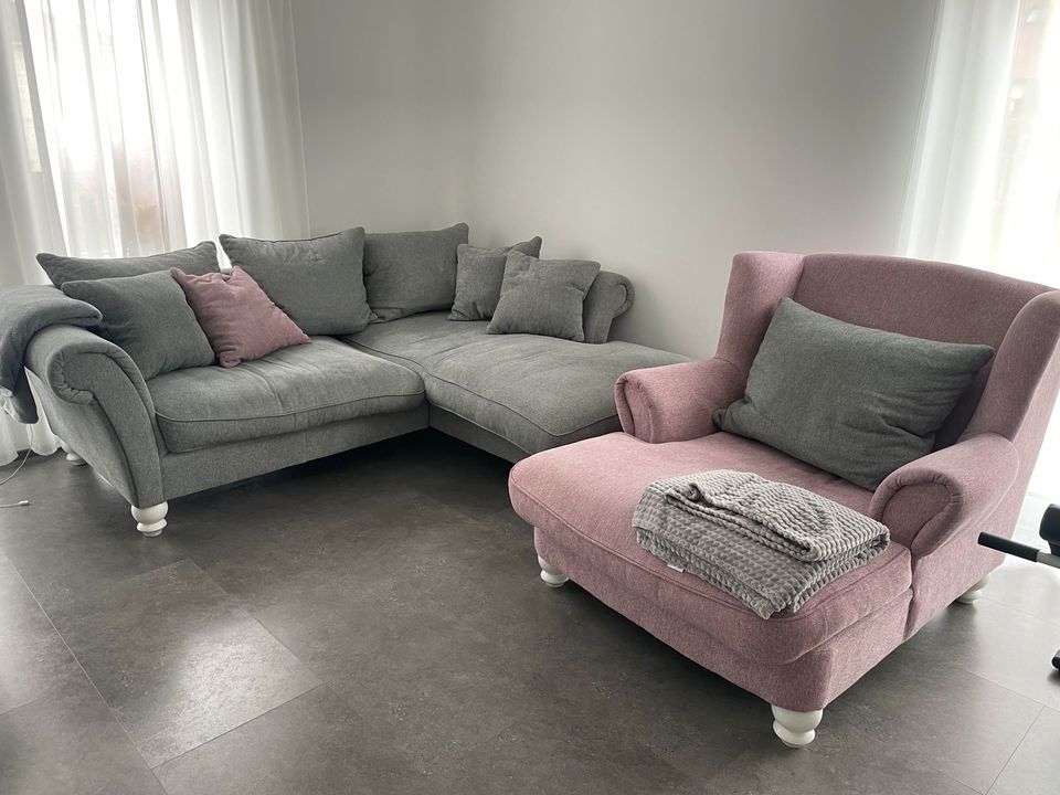 Landhaus Sofa Landschaft Grau / rosa inkl. Lese Sessel grau/rosa in Melle