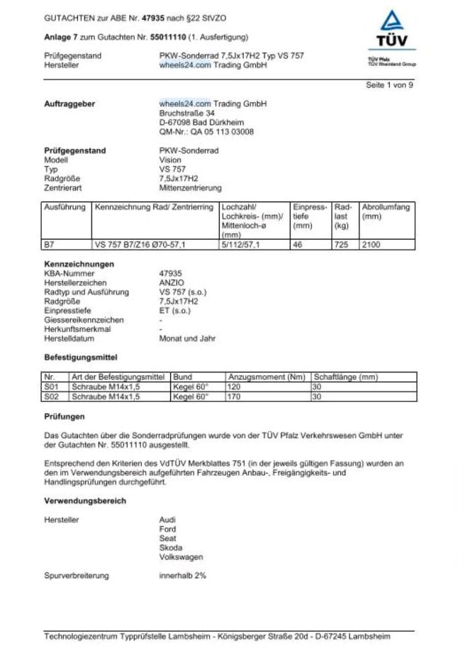 4x Anzio Vison Alufelgen 7,5x17 ET46 für VW Audi Skoda Seat Ford in Mühlhausen