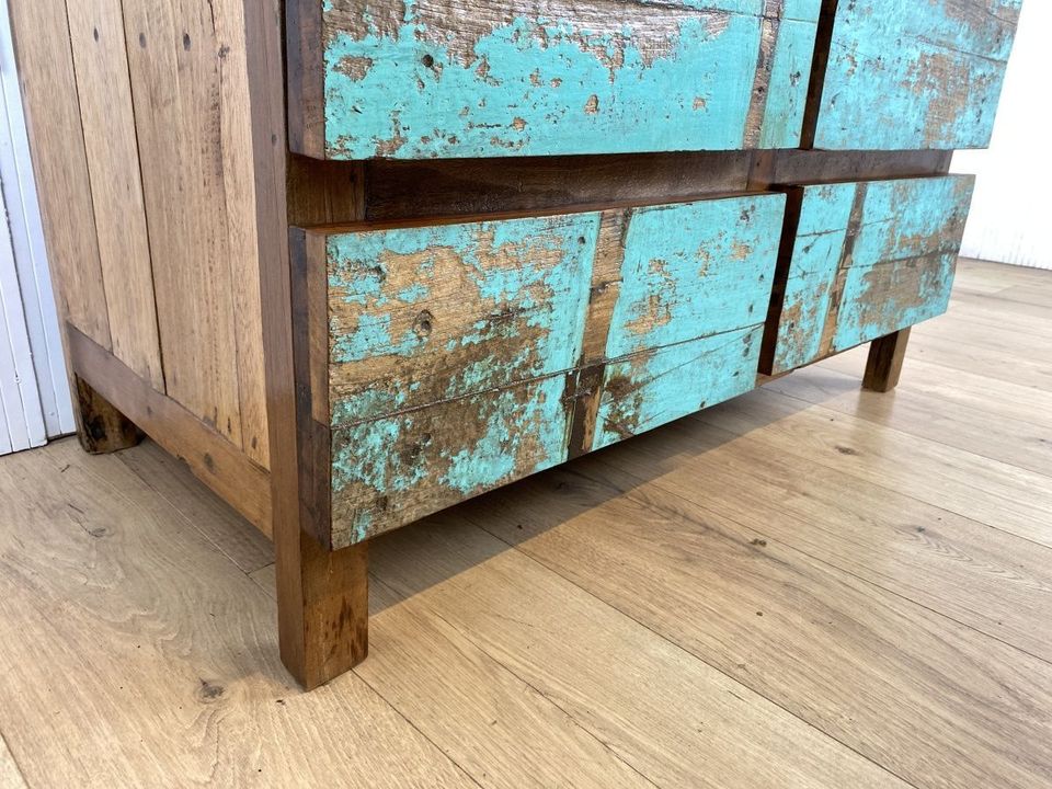 Boatwood by WMK # Schöne, meeresblaue Schubladenkommode aus altem Bootsholz, ein handgefertigtes Unikat aus massivem Teakholz # Schrank Kommode Wäschekommode Sideboard Wickelkommode Flurkommode Teak in Berlin