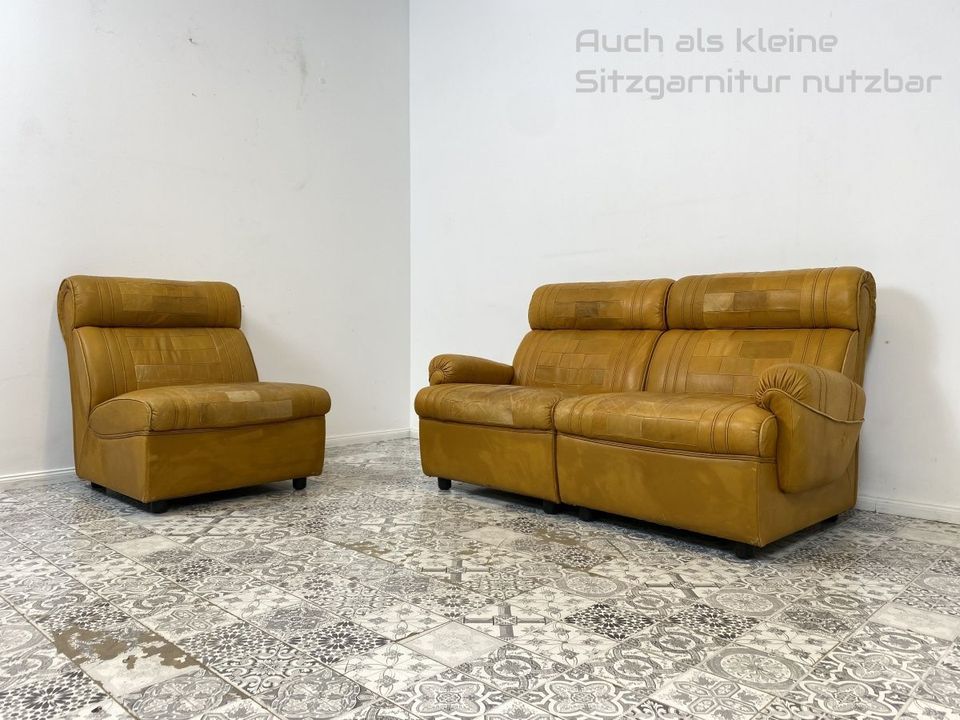 WMK Sehr schönes und äußerst bequemes Vintage Modularsofa mit Echtlederbezug und charaktervoller Patina # Sofa Couch 3-Sitzer Ledersofa Ledercouch Sitzgarnitur Design Loft Space Age Mid-Century in Berlin
