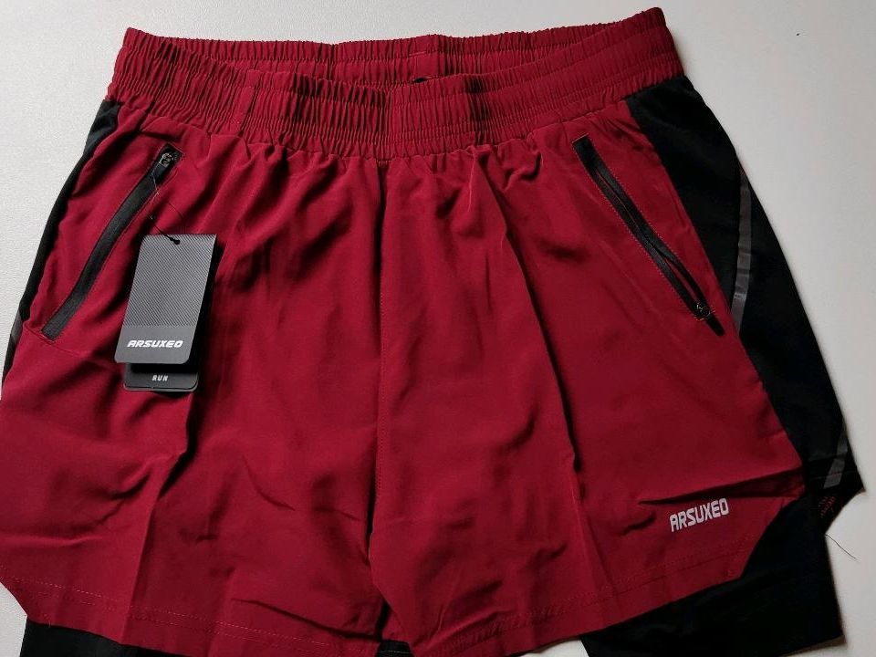 Herren running Training Shorts 2in1 Sporthose Rot Gr. L in Geseke