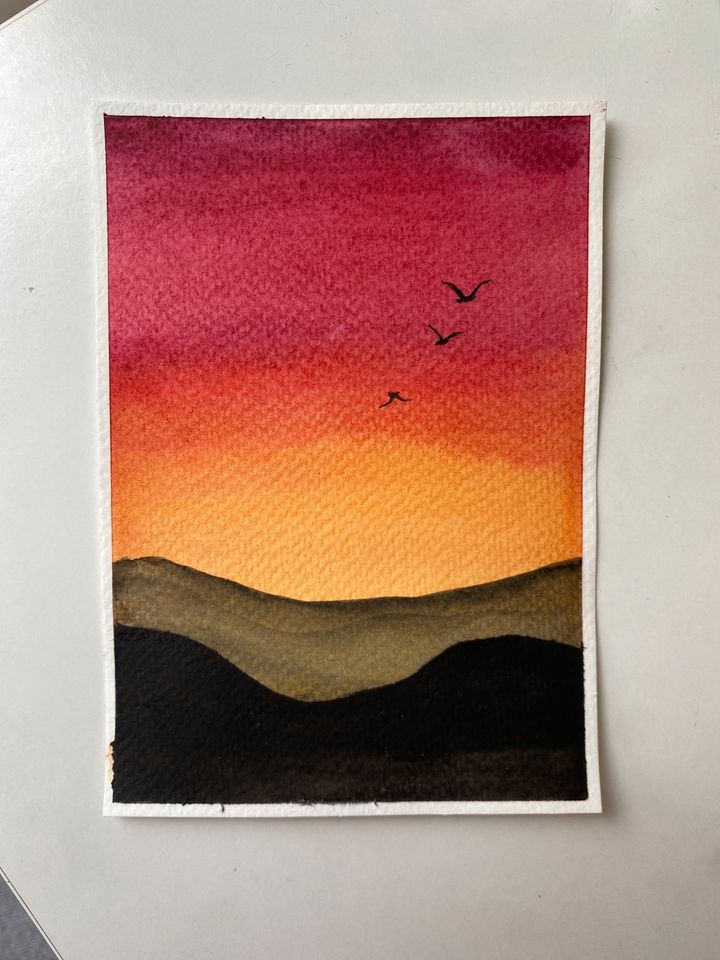 Aquarell Bild Natur Landschaft SonnenUntergang 10x15 Cm Postkarte in Mainz