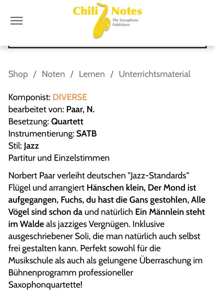 Noten Saxophon Quartett NEU!!! Ein Männlein swingt im Walde & Sam in Burkardroth