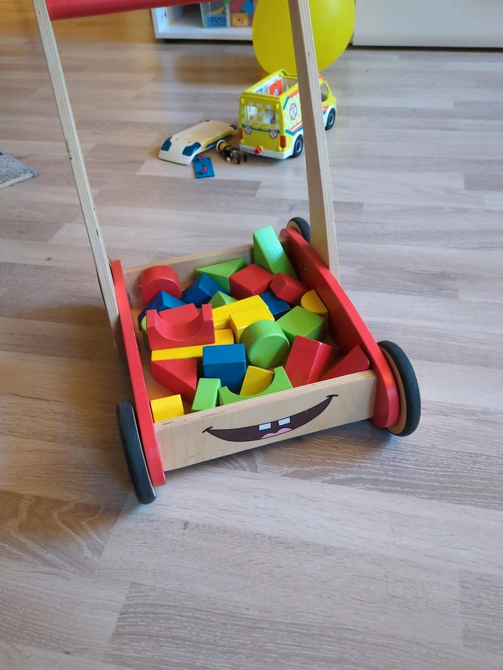 Lauflernwagen aus Holz mit Bausteinen in Alt Zauche-Wußwerk