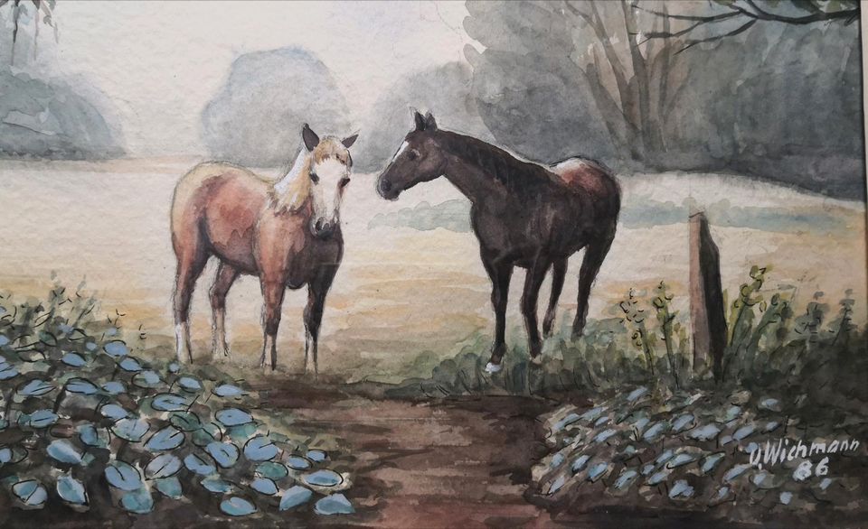 Aquarell einsame Pferde, Natur, Gemälde, O. Wichmann in Dassel