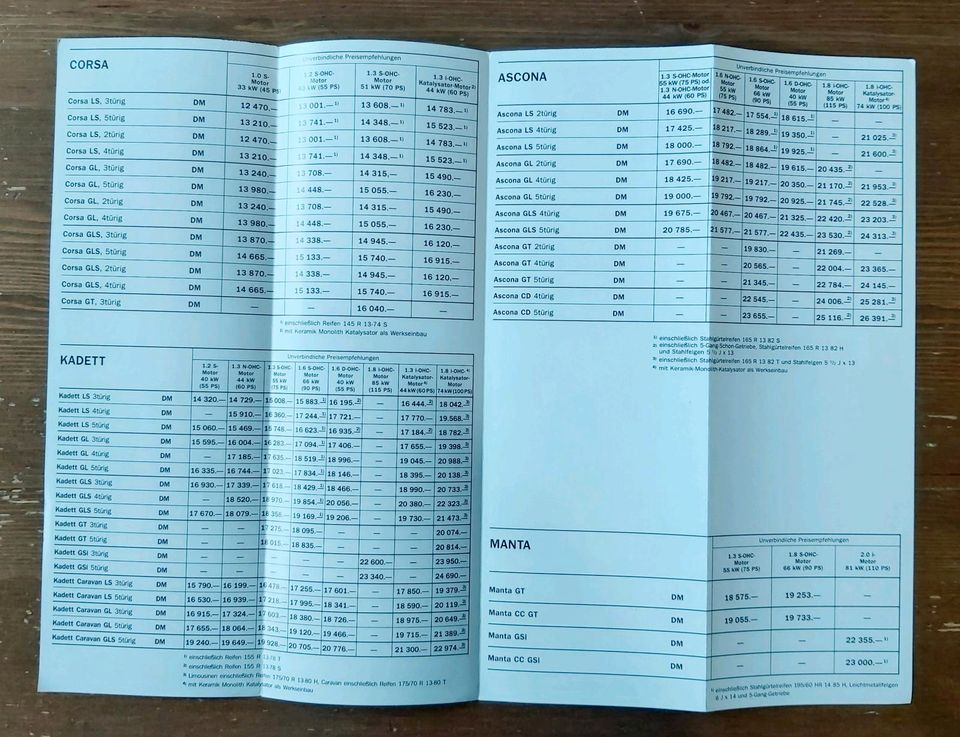 Preisliste no Prospekt Opel 1985 Corsa A Manta B Kadett Rekord E in Hannover