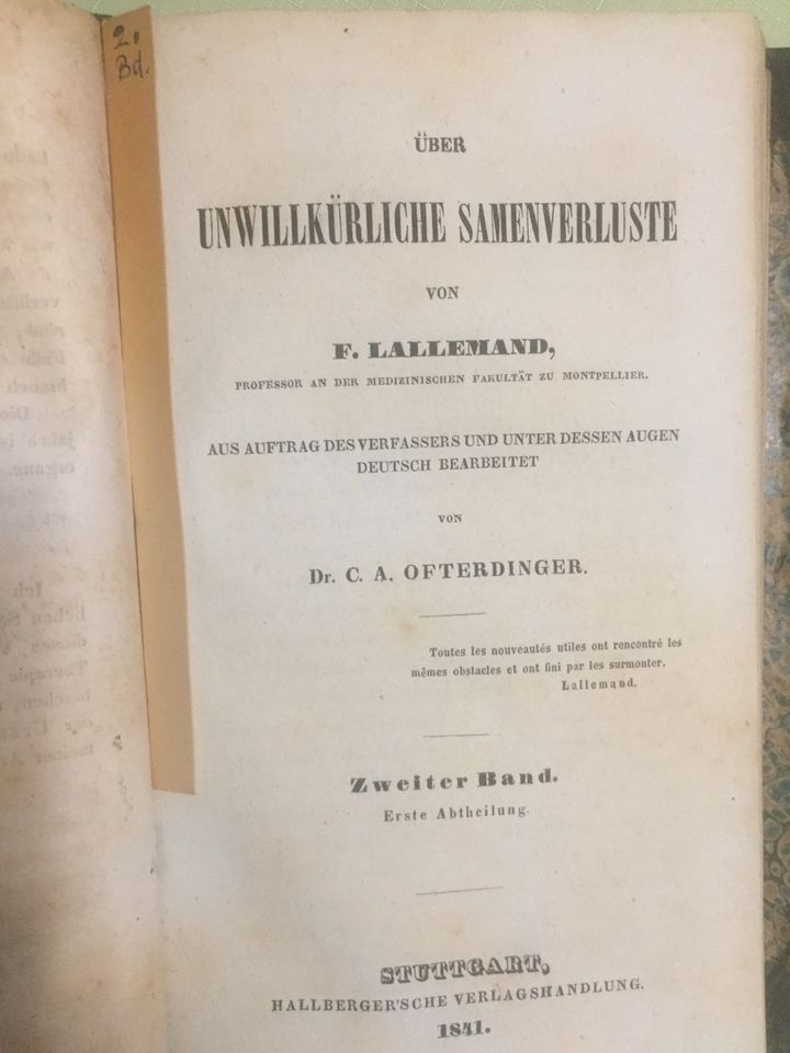 Über die Unwillkürliche Samenverluste von F. Lallemand 1840 in Eppstein