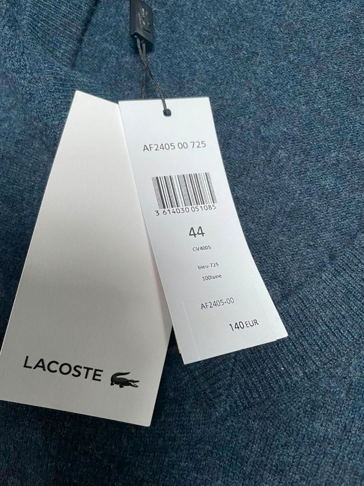 Lacoste Strickpullover V-Ausschnitt Gr. 44 - blau - neu mit Etike in Deizisau 