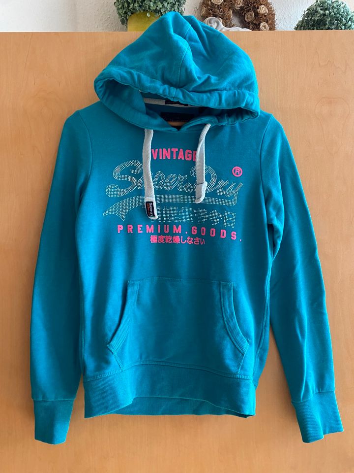 schöner Superdry Pullover Hoodie Gr XS 34 Türkis mit pink Kapuze in Wetter (Ruhr)