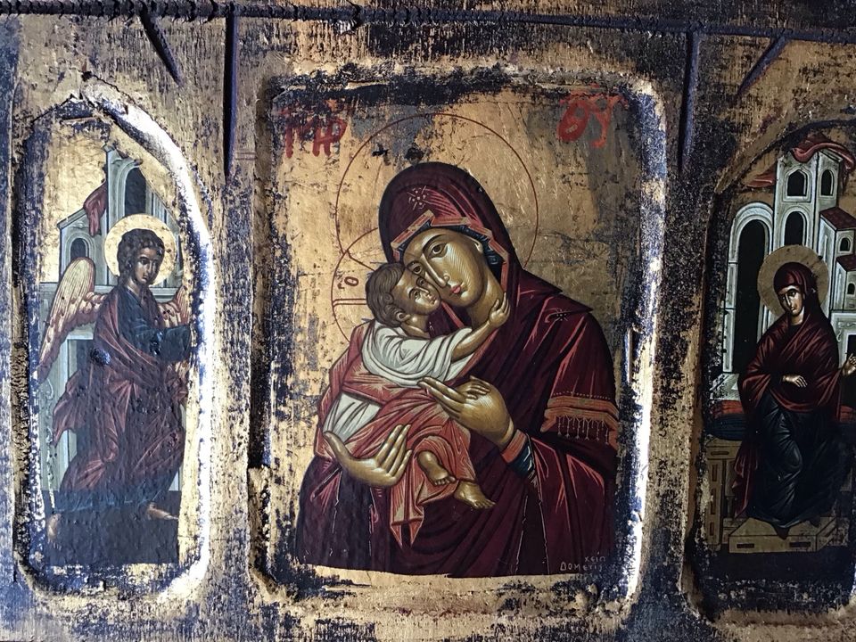 Große griechische Ikone handgemalt Zertifikat Kloster Berg Athos in Ahorn