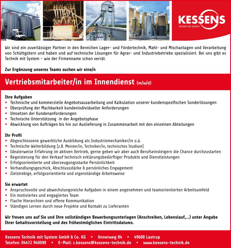 Vertriebsmitarbeiter/in im Innendienst (m/w/d) in Lastrup